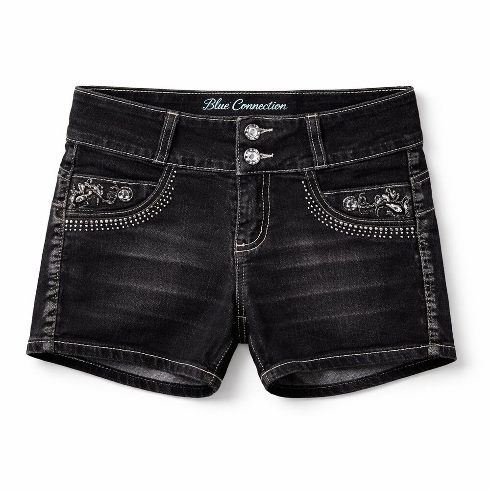 Blue Connection Kids Black Bling Denim Shorts – Rhinestone Detail, Size M